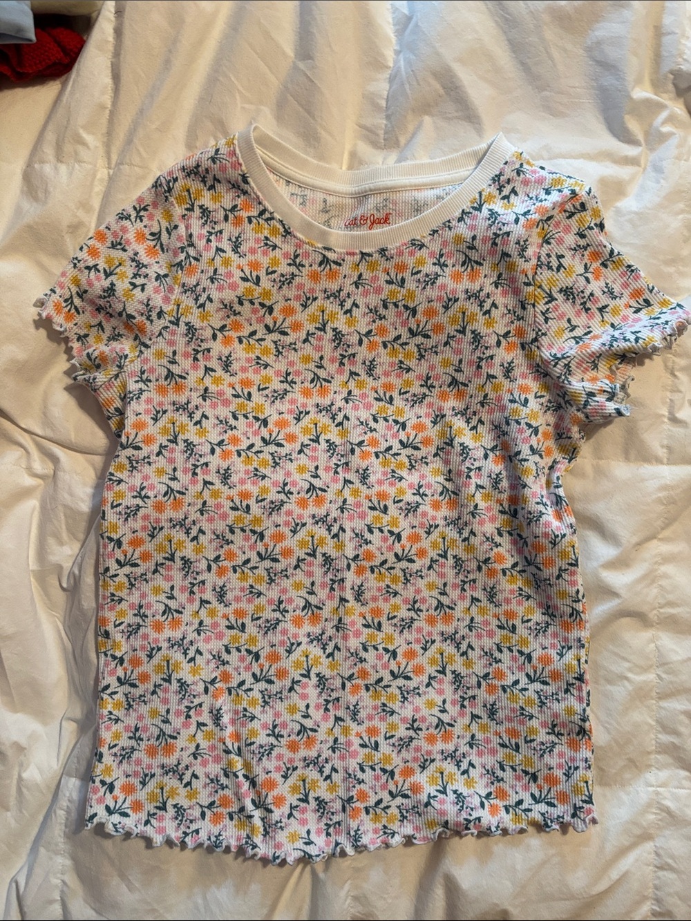Cat & Jack White Ribbed Tee with Pink & Yellow Floral Print